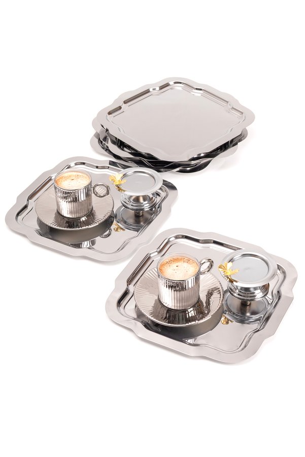 NEWTREND Züccaciye 6-piece luxury daisy design stainless steel silverware set, tea, coffee, serving, and presentation tray