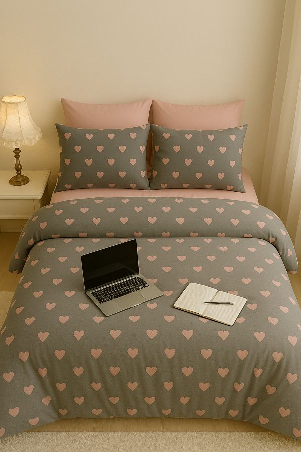 GARDEN ROOM-Double Leyla Gray Floor / Pink Heart Duvet Cover Set - with Elastic Sheet and Pillowcases 1