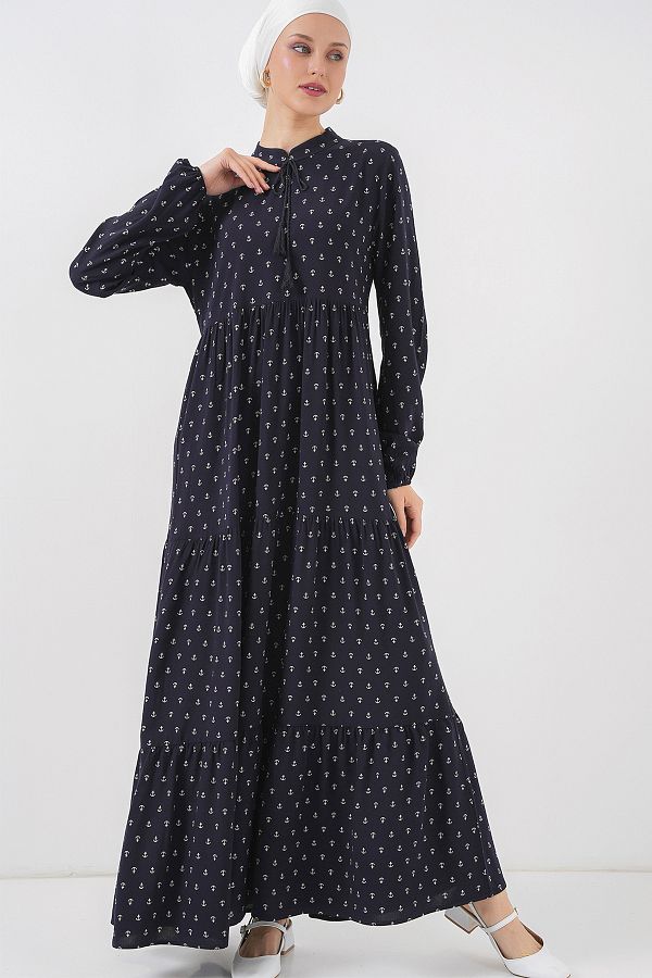 Bigdart-1627 Rochie Hijab cu șireturi - Albastru Marin 1