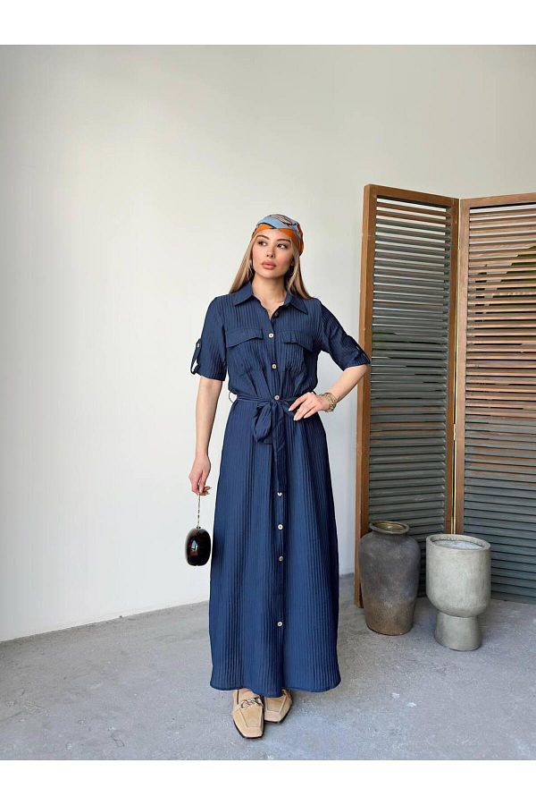 LE CARAMBOLE-Women's Navy Blue Polo Neck Pocket Belted Front Button Long Dress 1