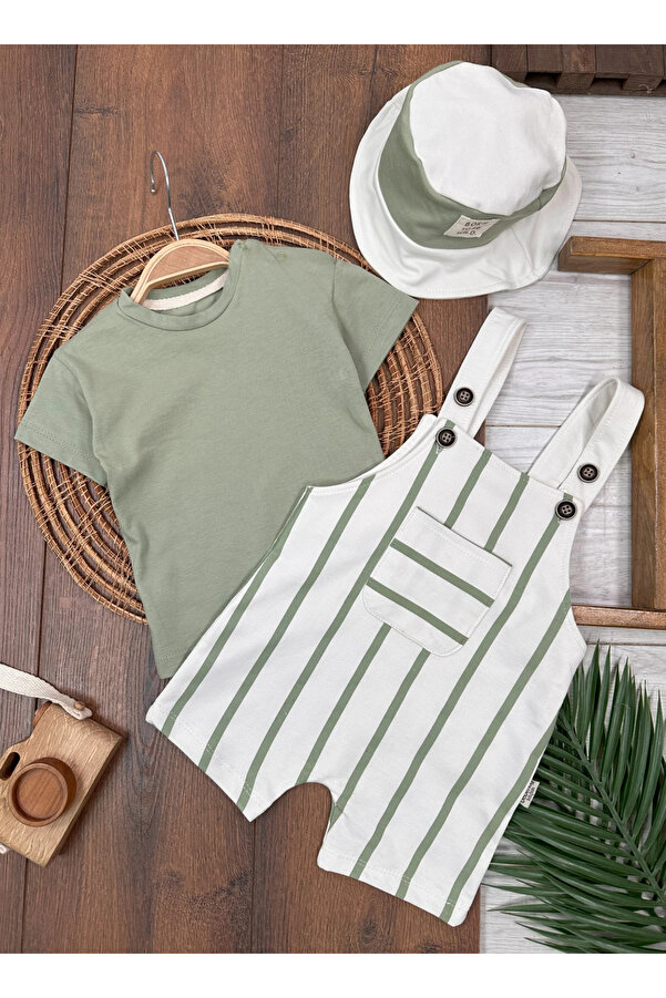 tiwitibaby Çizgili Safari Şapkalı Omuzdan Çıtçıtlı Badi Yazlık Erkek Bebek Salopet Takım