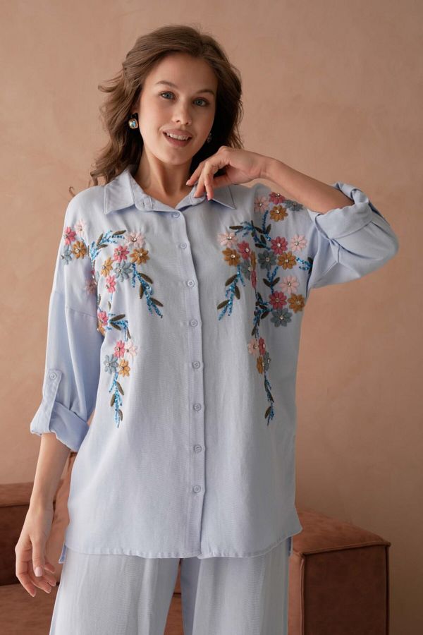 MVStore-Women's Floral Print Embroidered Stone Detailed Linen Oversize Shirt 1