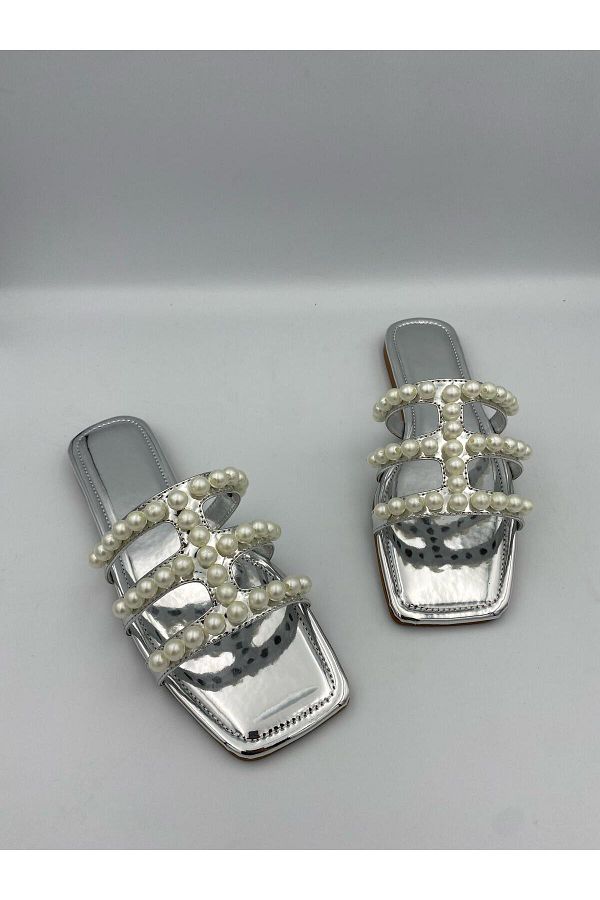 Ömer Ediz Shoes-Perpa Pearl Detailed Transparent Banded Women's Slippers – Summer Flat Sandals 1