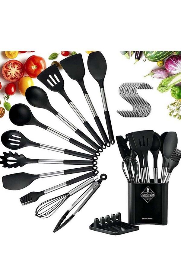 COOYA-14-Piece Silicone Kitchen Utensil Set, Wooden Handle, Bpa-free, Nonstick Cookware for Kitchen 1