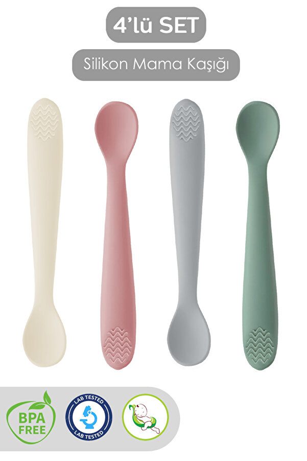 Meleni Baby 4'lü Silikon Mama Kaşığı - Diş Kaşıyıcı Bebek Beslenme Kaşığı Silikon Kaşık Bej, Pembe, Gri, Yeşil