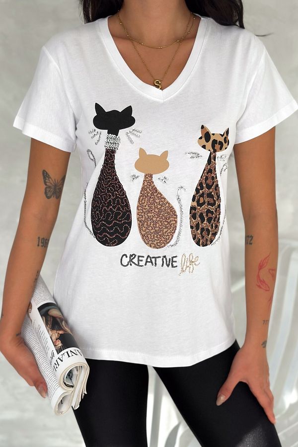 FEMELLE-Women's White V-Neck Large Size Cat Sequin Sequin Embroidered 100% Cotton T-Shirt 1