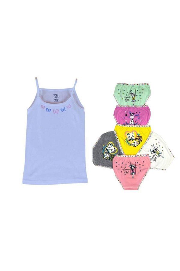 ESTİKO-Girl's 5 Pieces of String Strapped Undershirt and 5 Pieces of Printed Slip Set 1