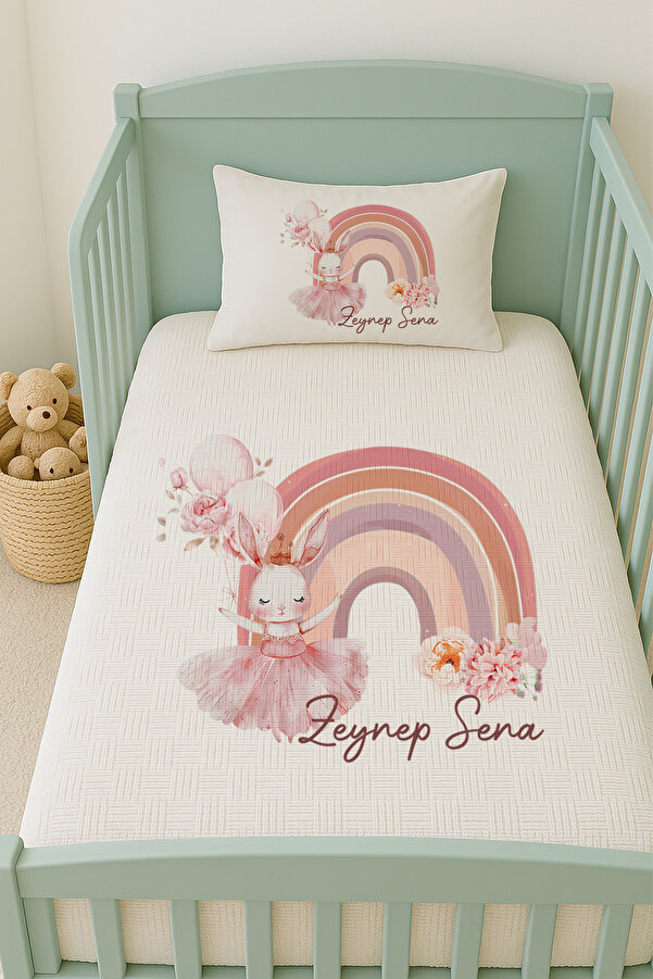 Lilabio %100 Pamuk İsme Özel İsimli 100x150 cm Pike Seti Balonlu Prenses Tavşan