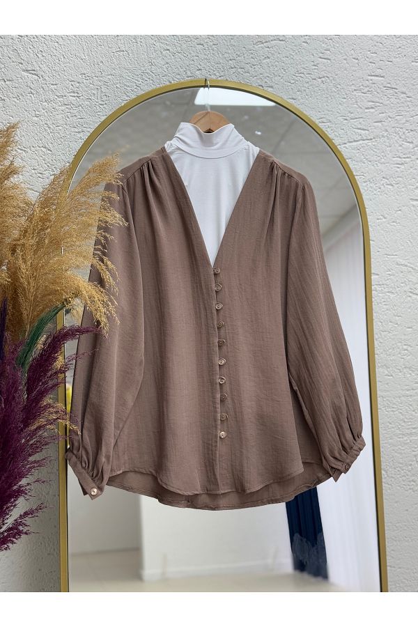 Ebrar Store-Nuran Brit Blouse with Buttons-Bn4232 Milky Coffee 1