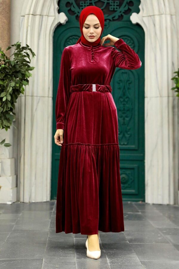 Neva Style-Rochie din catifea hijab burgundy cu centura 36971br 1