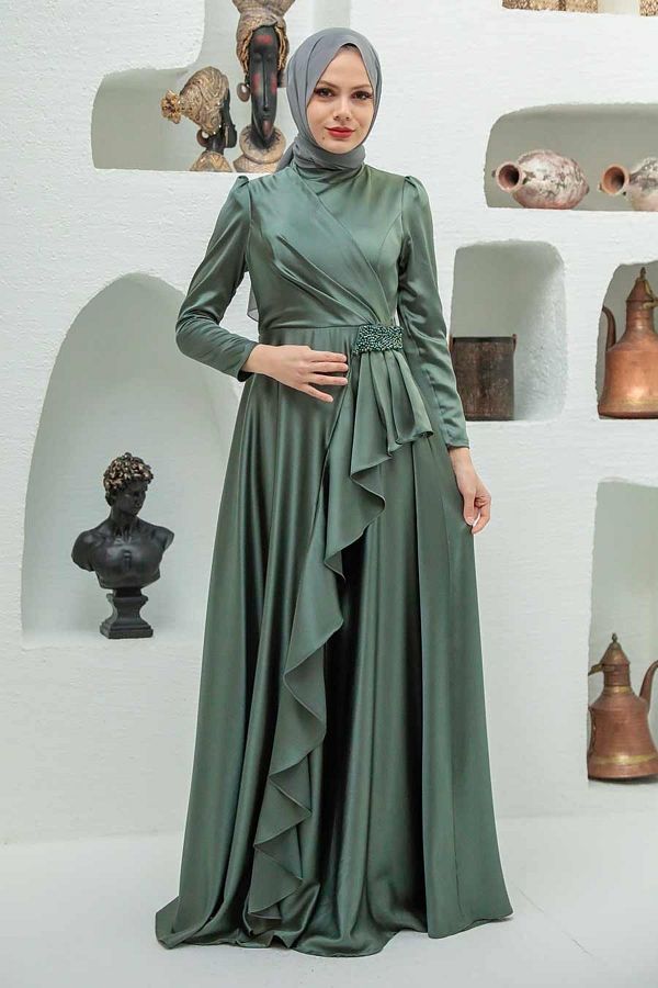 Neva Style-Flounced Khaki Hijab Evening Dress 22431Hk 1