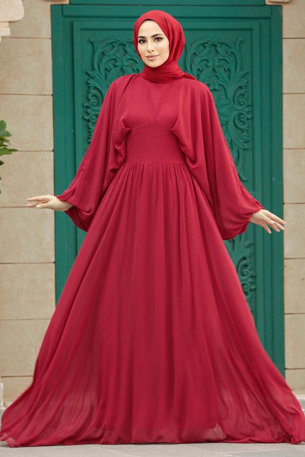 Neva Style-Rochie de seara hijab rosie cu maneca balon 60681k 1