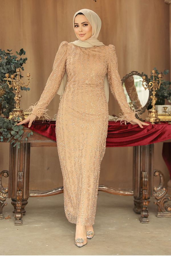 Neva Style-Beaded Biscuit Hijab Evening Dress 52052Bs 1