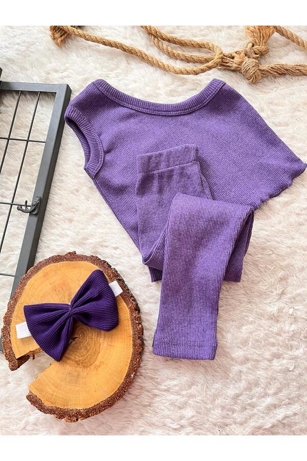 BAHNUR MOR BEBEK ÇOCUK TEK KOL CROP TAYT BANDANA TAKIMI SETİ