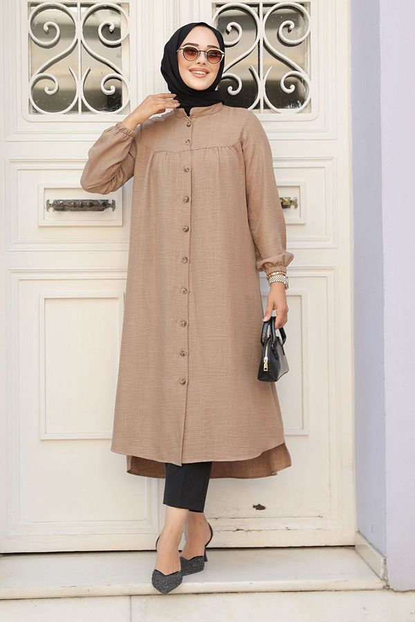 Neva Style-Camel Hijab Tunic - Buttoned, Model 5642C 1