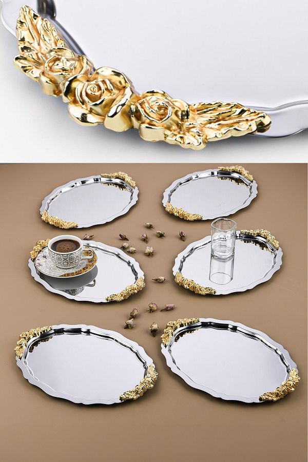 AHİR TİCARET-6 Pieces Oval-Cloud Model Rose Motif Coffee-Tea Presentation Tray 25 cm X 20 Xm 1