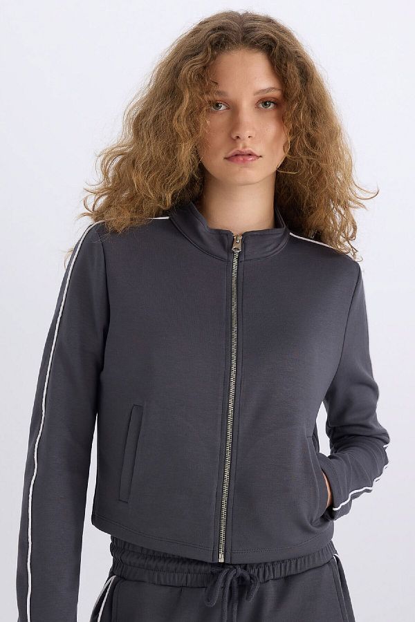 DeFacto-Fitted Stand Collar Basic Plain Zip Closure Modal Cardigan D6670AX24WN 1
