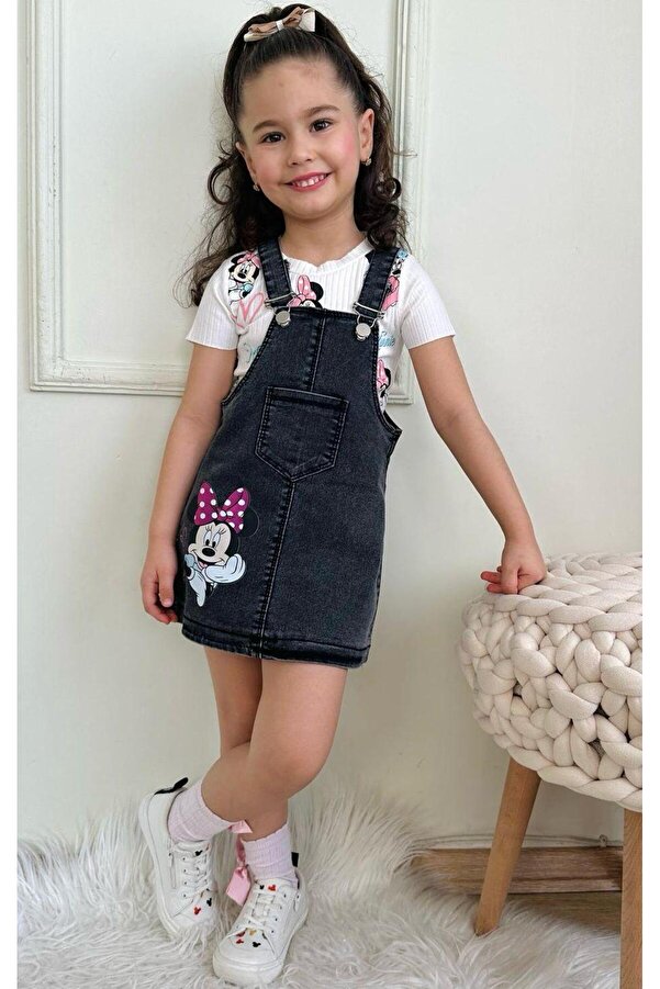 LİLLYPİCCA Kız Çocuk Fitilli Desenli Tshirt - Etekli Çiçek İşlemeli Kot Salopet Takım