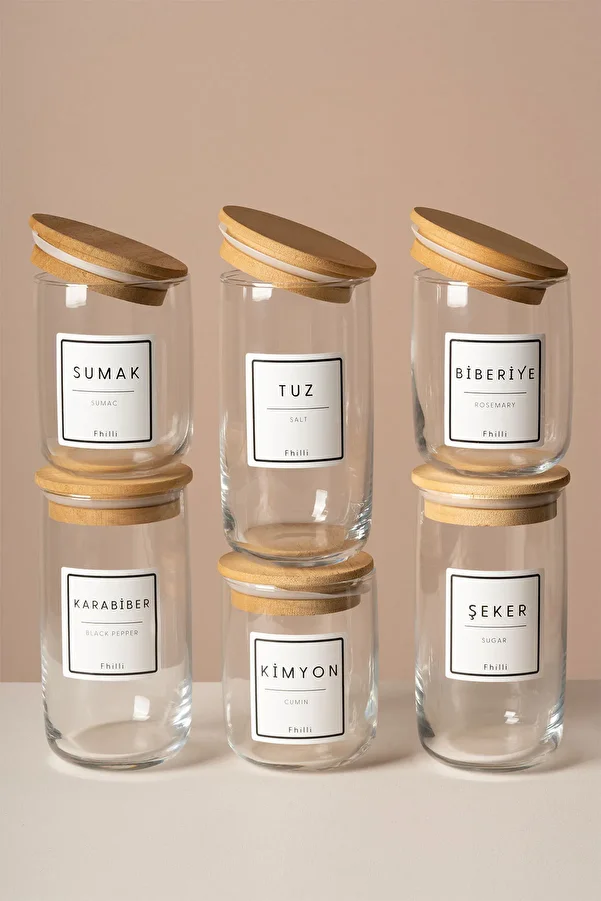 Fhilli-Luna - Set of 6 Ayous Tree Vacuum Lid Sticker Glass Storage Container Spice Rack Set 280/365 ml 1