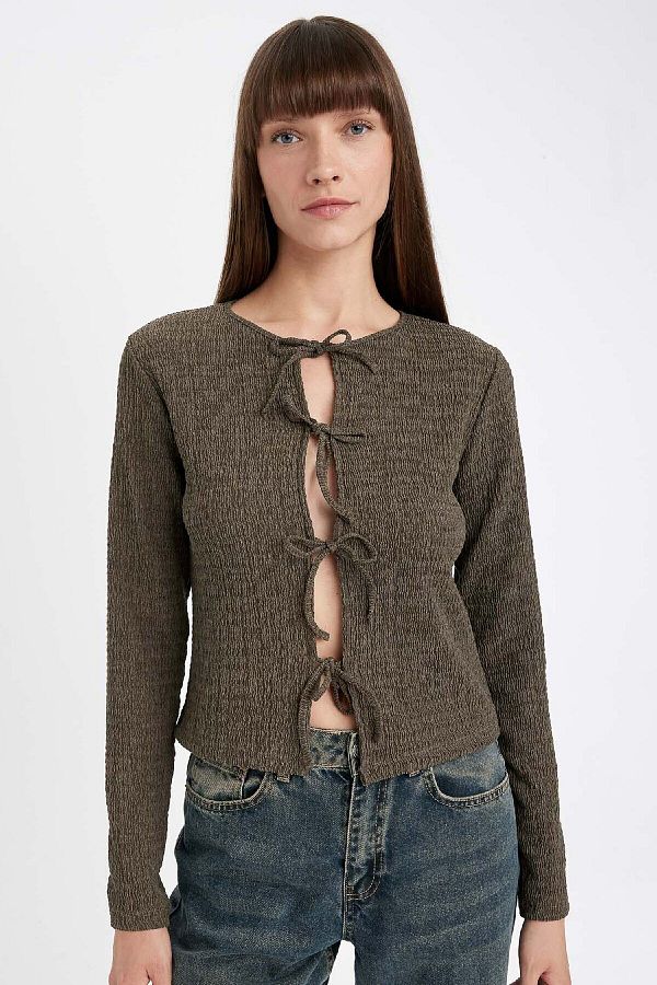 DeFacto-Regular Fit Front Tie Wrap Langarmbluse D8524ax24au 1