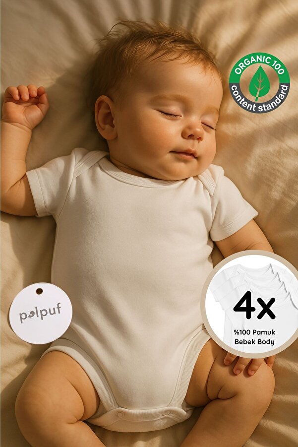 Polpuf 4lü Bebek Body Zıbın %100 Organik Pamuk Bebek Atlet Çıt Çıtlı Badi Beyaz