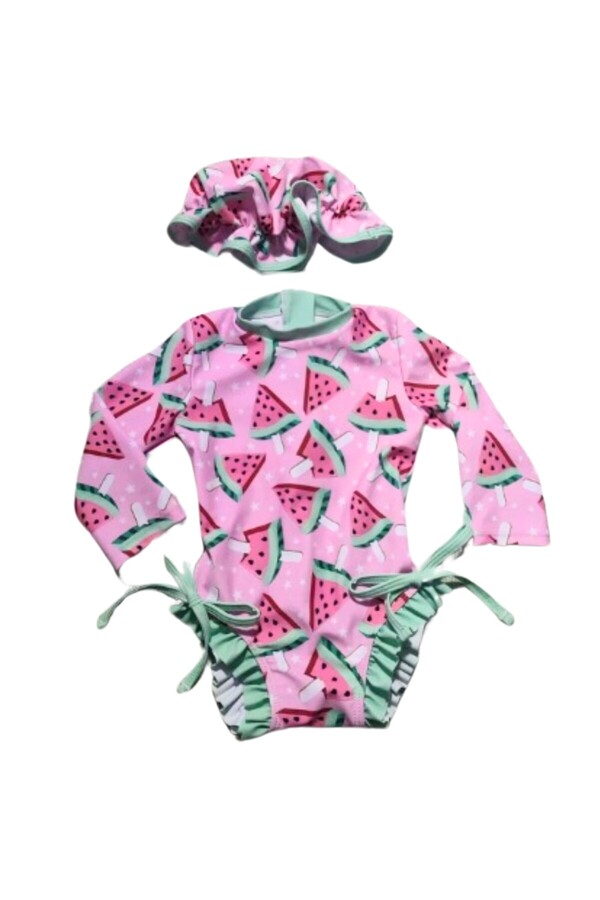 Petityu Aşırı Şirin Güneş Korumalı Uzun Kollu Karpuz Desenli Pembe Mint Kız Çocuk Bebek Mayo Ve Şapk