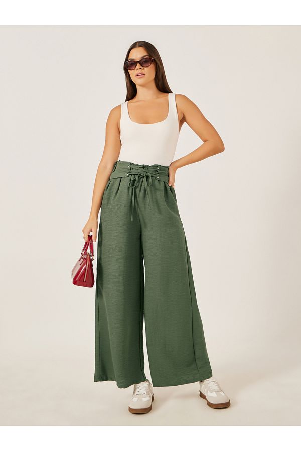 Styli-Mid Rise Wide Leg Corset Waistband Pants 1