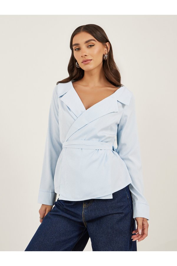 Styli Striped Notch Lapel Wrap Top with Tie Detail