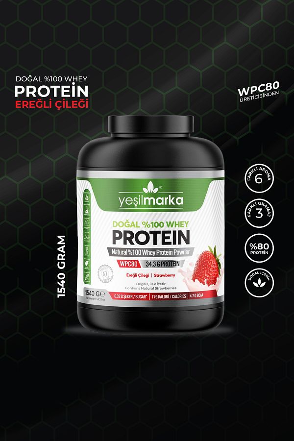 yeşilmarka-Natural Whey Protein Powder– Agate Strawberry 1540g- Contains Real Strawberry- High Protein 1