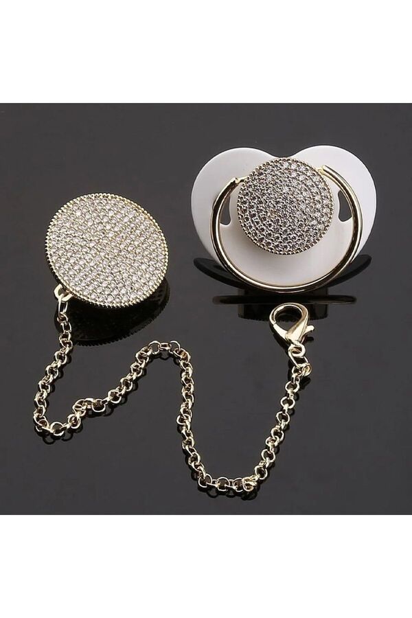 Sahi Aksesuar Kaplama Beyaz Kristal Taşlı Silikon Emzik Ve Zincir Seti - Ztse035