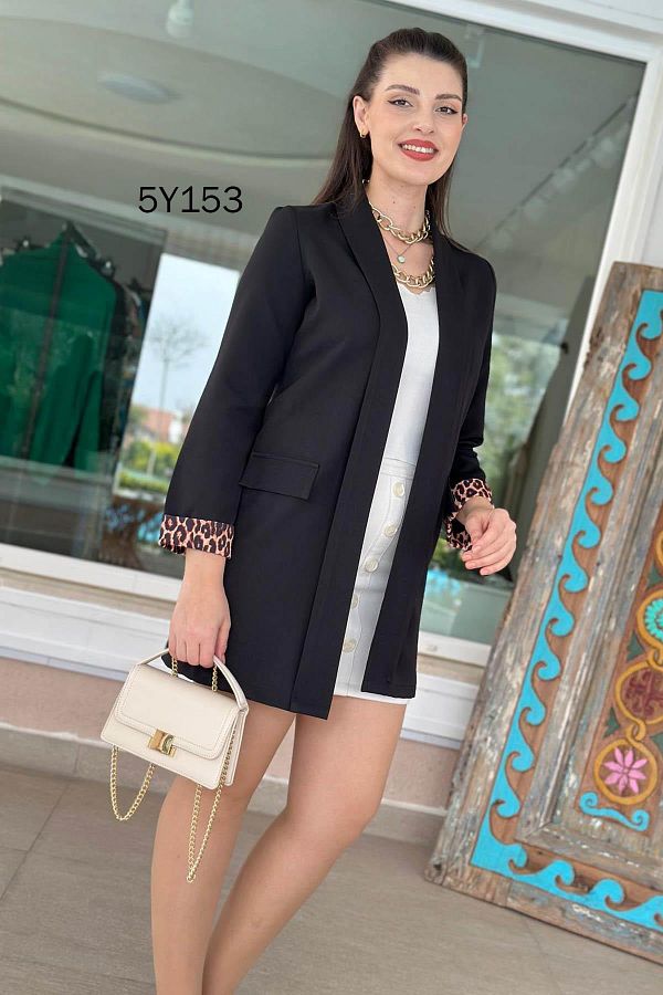 İnce Topuk-Leopard Garnished Long Blazer Jacket 5Y153 1