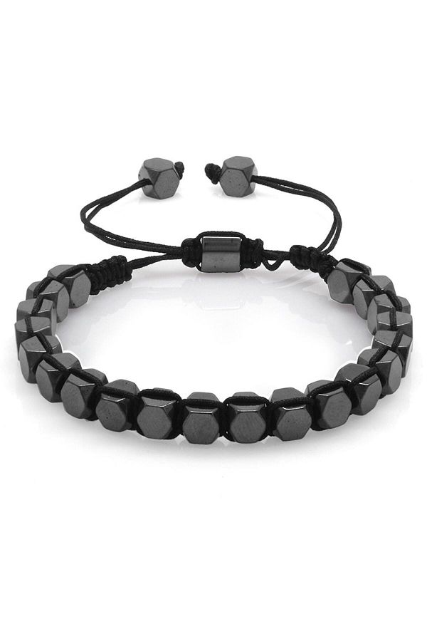 Tesbihane-Macrame Braided Hexagonal Prism Design Hematite Natural Stone Women's Bracelet 1