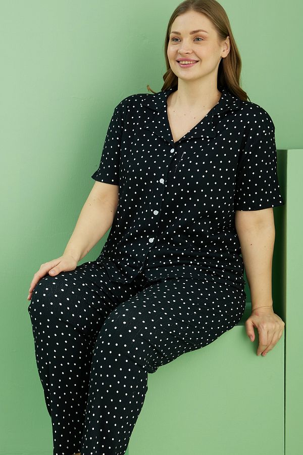 Siyah İnci-Sunny Pajama Set - Red Patterned Large Size Exchange Length Buttons 25118713 1