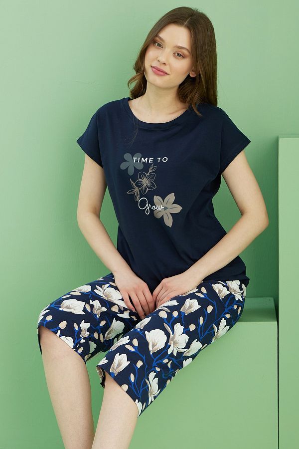 Siyah İnci-Navy Blue Patterned Crew Neck Knitted Cotton Capri Suit 25112249 1