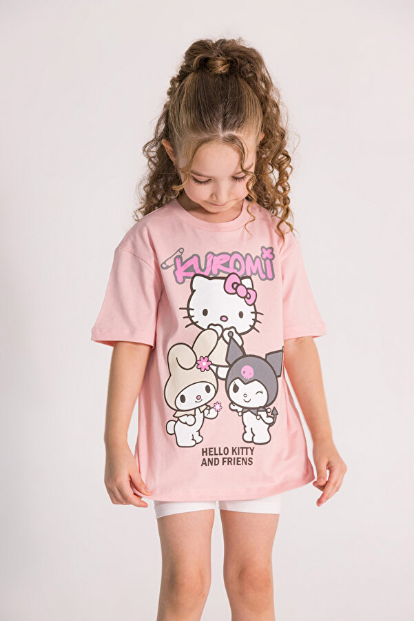 DMB BOYS & GIRLS Hello Kitty ve Kuromi Baskılı Kısa Kollu Rahat Kalıp Pamuklu Kız Çocuk T-shirt