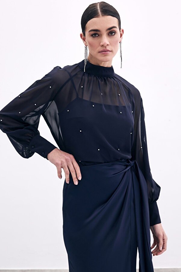Sateen-Stone Detailed Transparent Blouse - Navy Blue 1