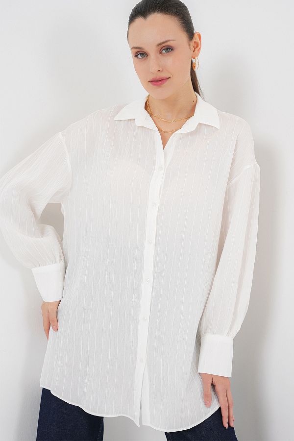 Bigdart-Gestreifte lange Hemdtunika für Damen 5963 – Weiß 1