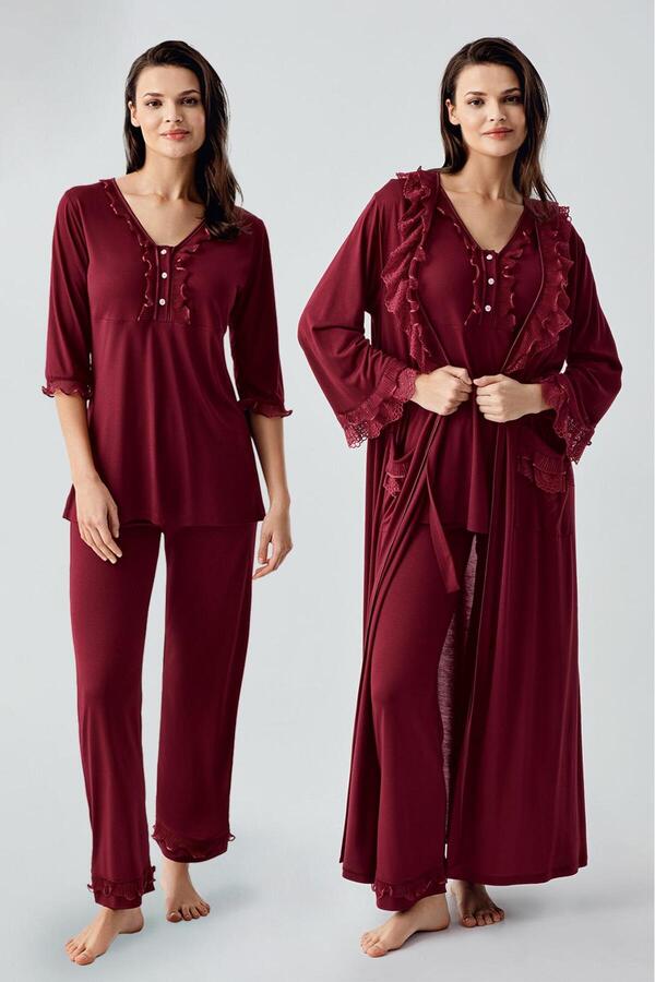 Artış-Long Sleeve Lace Buttoned Flexible Viscose Dressing Gown Pajama Set 1