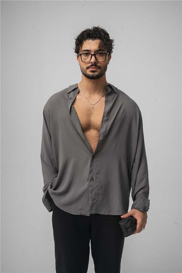 OUTFİT MAN-Men's Draped Oversize Shirt Anthracite 1