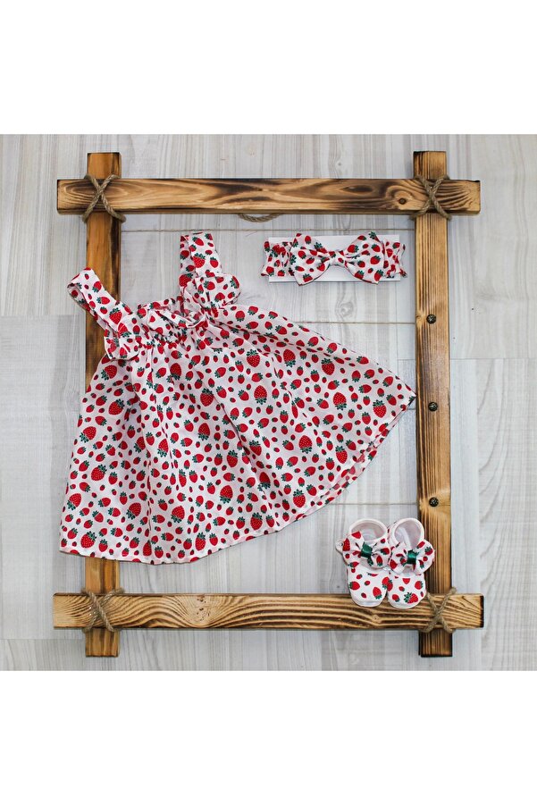 YUKOBABY Kız Bebek Çilek Baskılı Elbise (fiyonklu Bandana Ve Ayakkabı ) 3'lü Takım