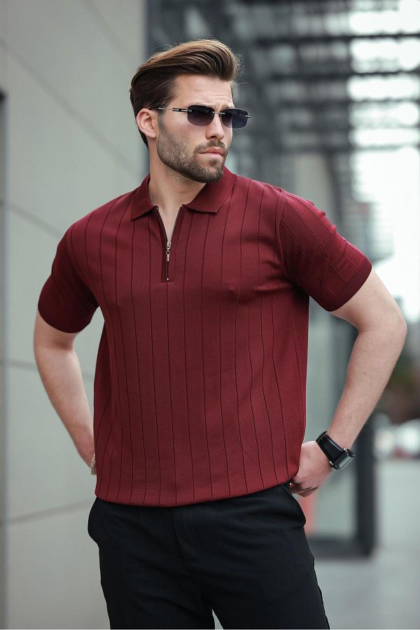 Madmext-Claret Red Polo Neck Zippered Men's T-Shirt E7298 1