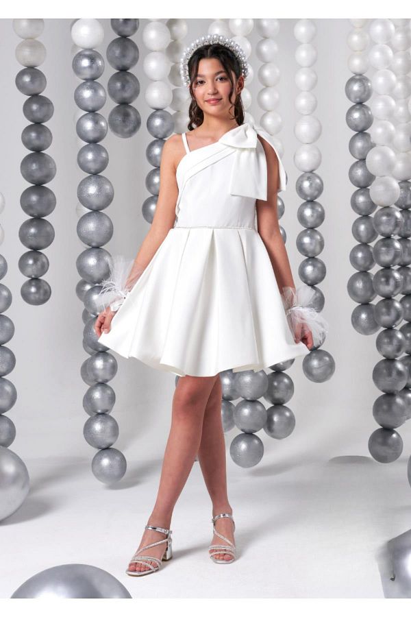 meneviş çocuk giyim-Meneviş Bow Detailed Girl's Short Crepe Evening Dress_Mnvs808 1
