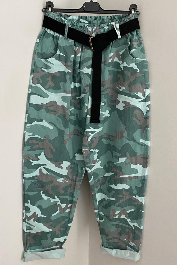 AYASOFYA OTANTIK-Women's Italian Water Green Elastic Waist Belted Camouflage Patterned Lycra Loose Carrot Baggy Trousers 1