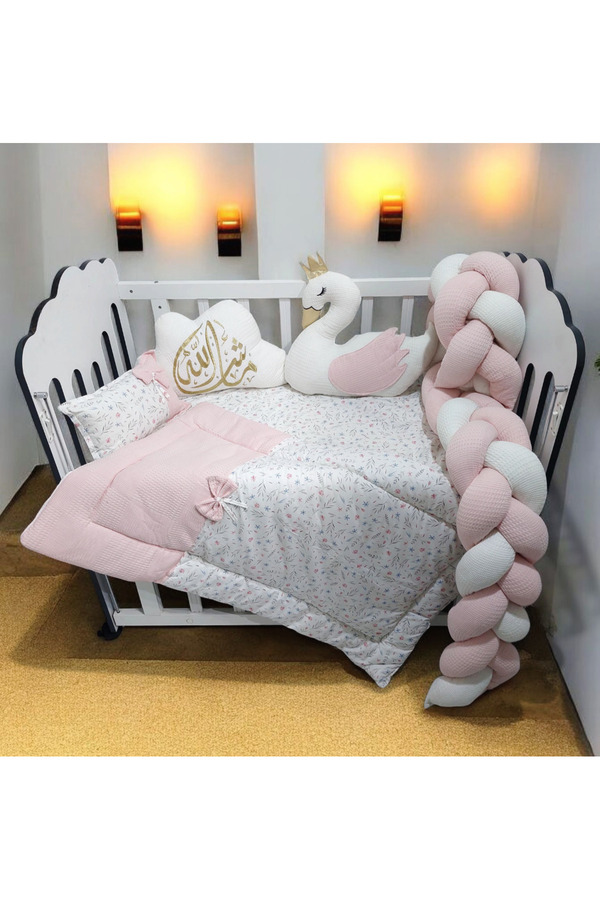 JULYA KİDS İşlemli Bulutlu Ördeklı Yastık 3Lü Örgülü Park Beşik Uyku Seti 60*120 cm 6 Parça