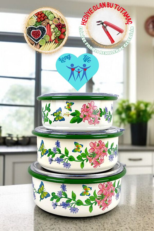 İnci Emaye-No. 14 - 16 - 18 Enameled Storage Container Set of 3 1