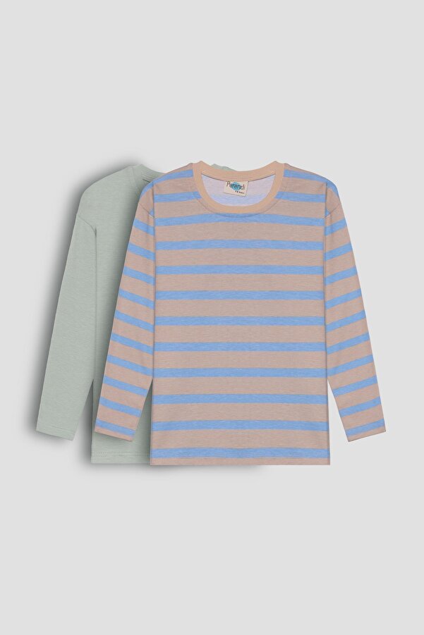 Perendi 2'li Bisiklet Yaka Uzun Kollu Çizgili Ve Düz Unisex Çocuk Tshirt Açık Mavi-bej