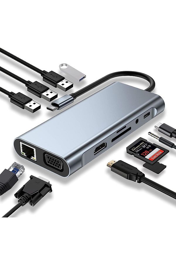 COOYA-موزع USB C، محطة إرساء USB C 11 في 1، HDMI بدقة 4K، VGA، USB 3.0، إيثرنت RJ45، قارئ بطاقات SD/TF 1