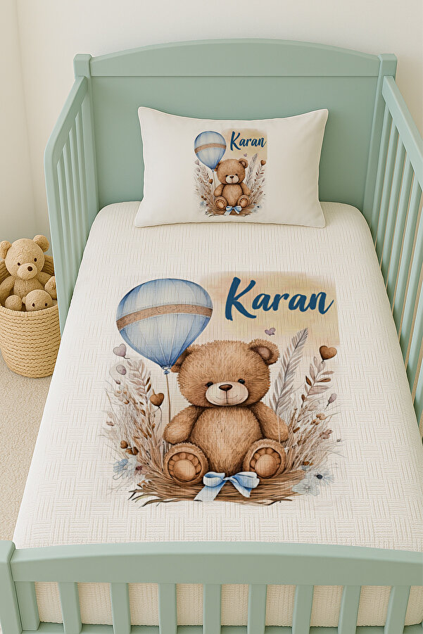 Lilabio %100 Pamuk İsme Özel İsimli 100x150 cm Pike Seti Mavi Balonlu Ayıcık