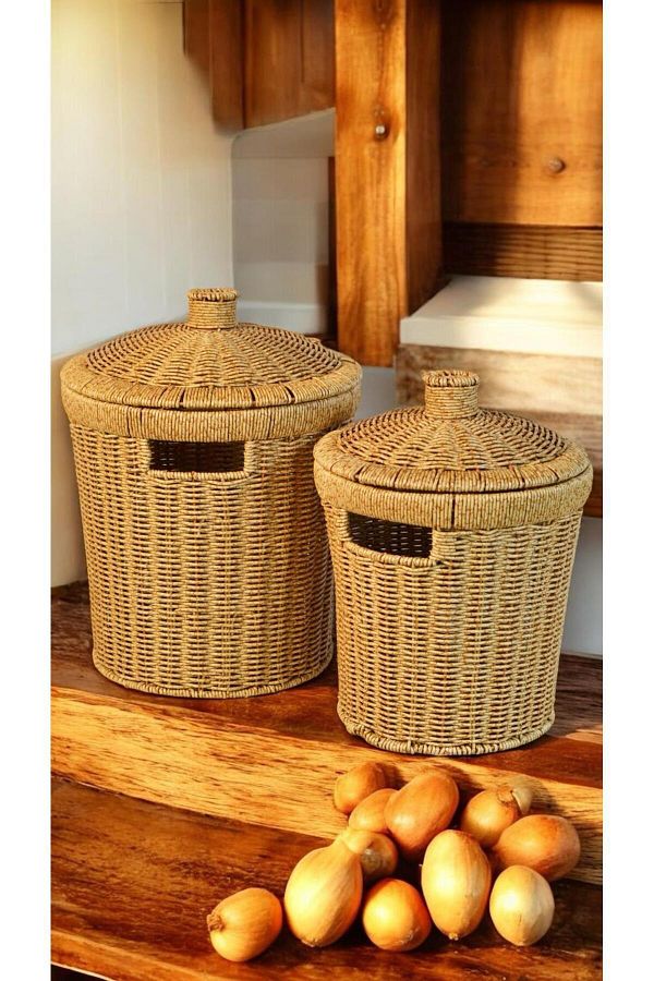 Bayev-2 Size Wicker Wicker Lid Potato and Onion Set Presentation Crisper Weave Laundry and Décor 1