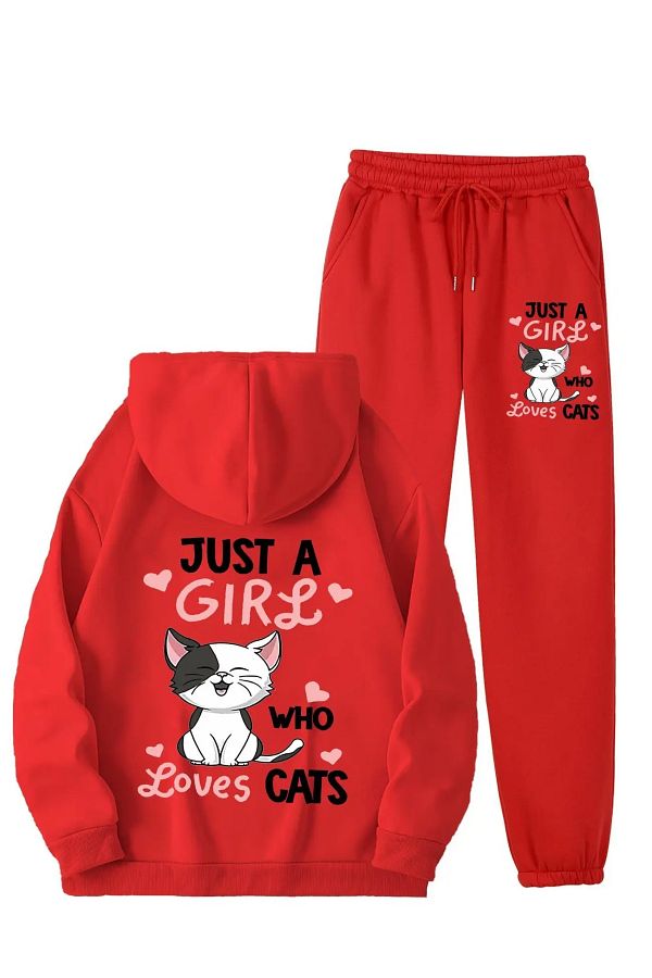 PENTHİLUS-Cute Cat Print Casual Sportswear Set with Hooded Sweatshirt and Pants 1